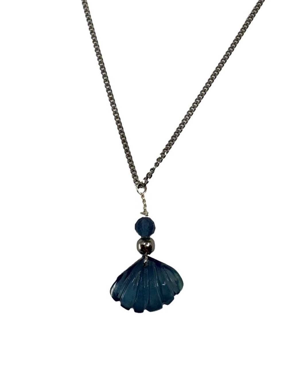 14mm Natural Aquamarine Shell Fan Pendant Necklace 18" March Birthstone Throat